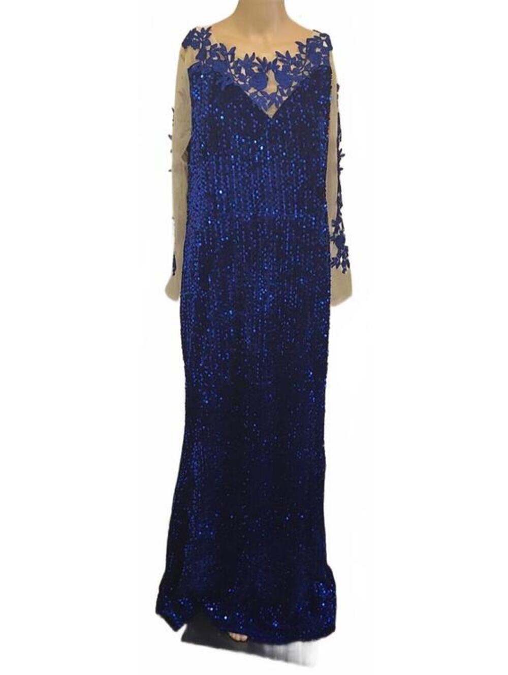 ROMAGIC  Women's Blue Velvet Sequin Lace Maxi Gown Sheer 2XL Plus size dress
